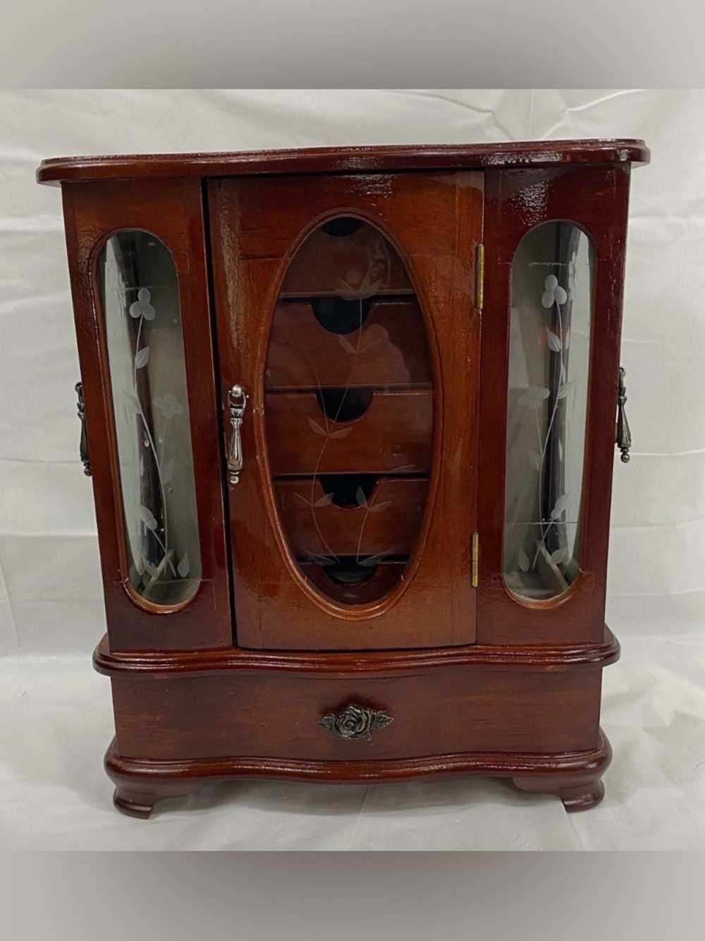Vintage Wooden Jewelry Cabinet Box With Glass Doors Drawers And Etched Glass